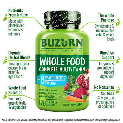 Buzorn Whole Food Multivitamin for Men, Plant-Based and Vegan Friendly
