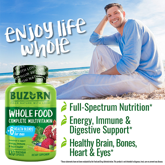 Buzorn Whole Food Multivitamin for Men, Plant-Based and Vegan Friendly