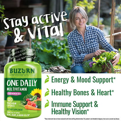 Buzorn One Daily Multivitamin for Women Over 50 - Vegan Friendly, Plant-Based, Whole Food Vitamin