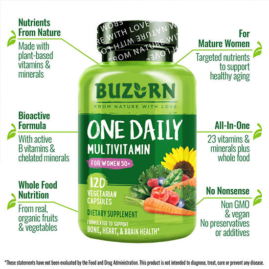 Buzorn One Daily Multivitamin for Women Over 50 - Vegan Friendly, Plant-Based, Whole Food Vitamin